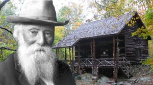 Drawing of a man superimposed on a photo of a cabin