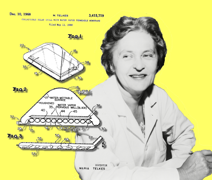 Biophysicist Mária Telkes and the patent drawing for her life saving solar-powered still that converts seawater into fresh water.