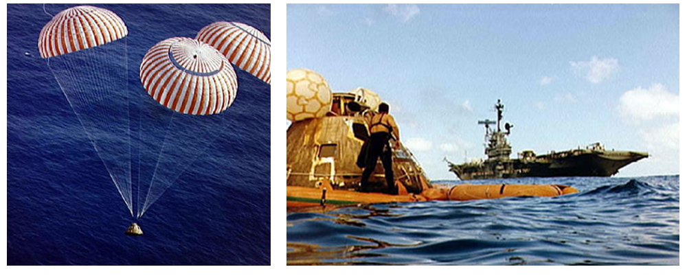 Apollo 17 command module descends to splashdown in South Pacific Ocean [L] where USS Ticonderoga executes its recovery manoeuvres [R].