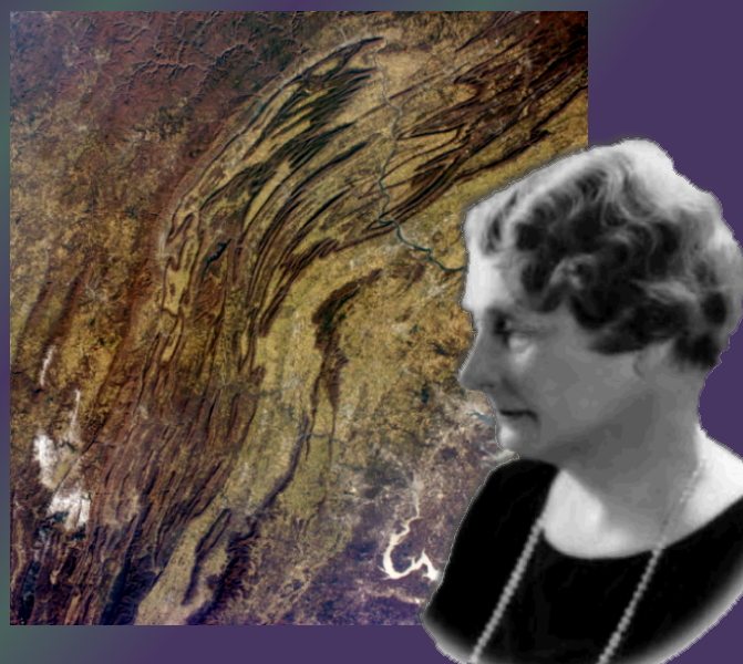 Crystalline rock expert Florence Bascom overlooks the Appalachian Mountains and Piedmont Plateau in a NASA view from northeast Pennsylvania to southern West Virginia.