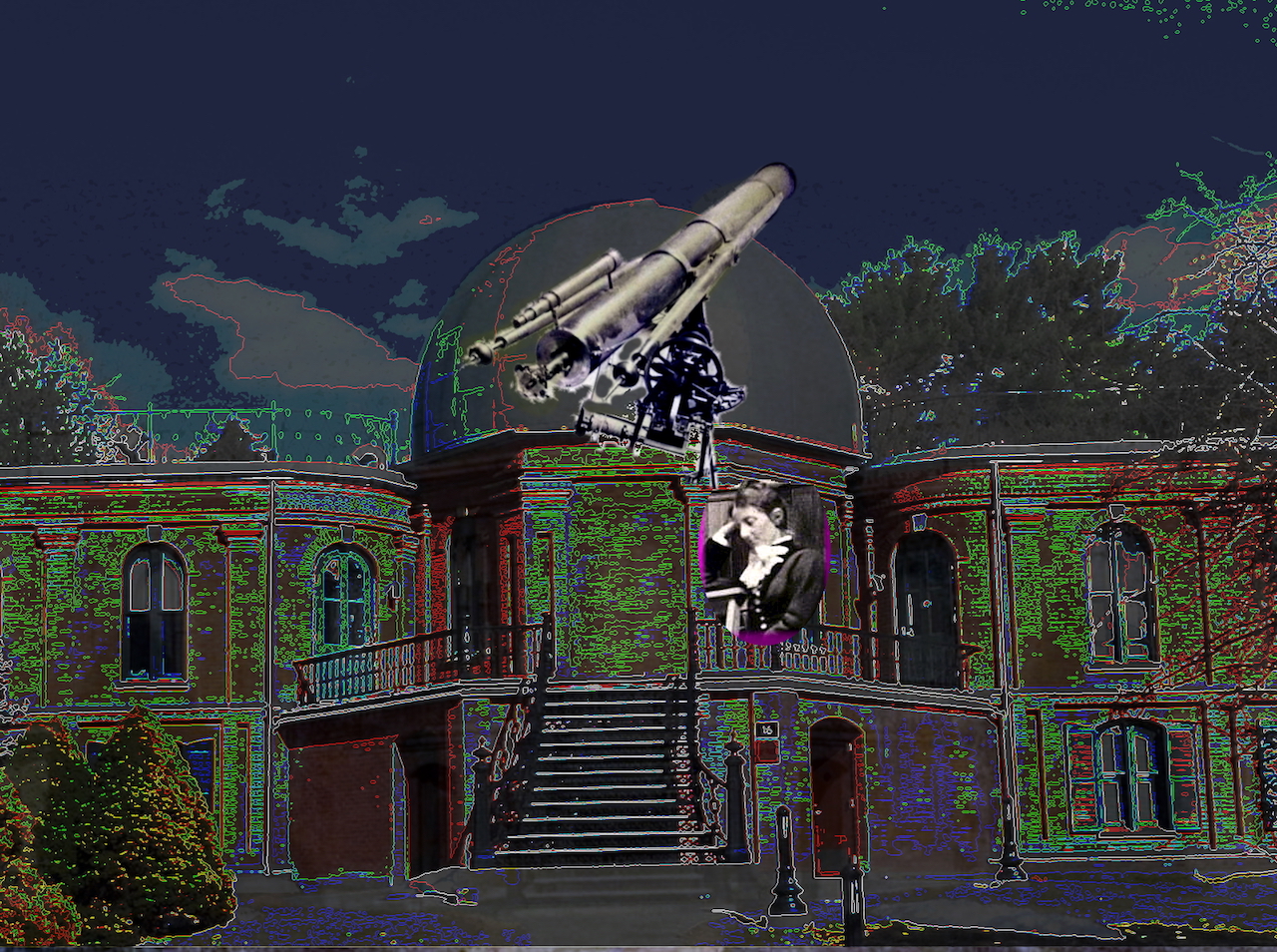 Illustration: Astronomer Mary Watson Whitney timing a photographic plate exposure at the Vassar College Astronomical Observatory