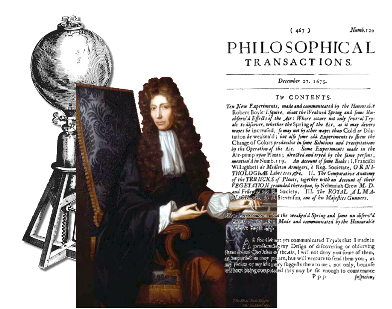 The luxuriantly wigged Robert Boyle Esq. sits with air pump behind and one of his several published works on the Spring of the Air.