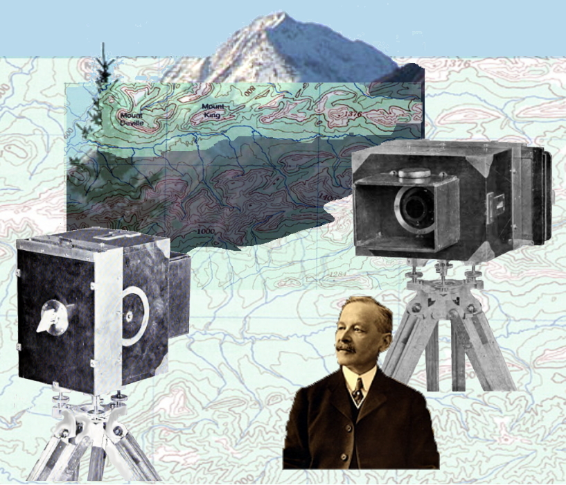 Over a contour map and image of Mount Deville, Canada’s Surveyor-General Édouard-Gaston Deville is shown with some of his camera innovations.