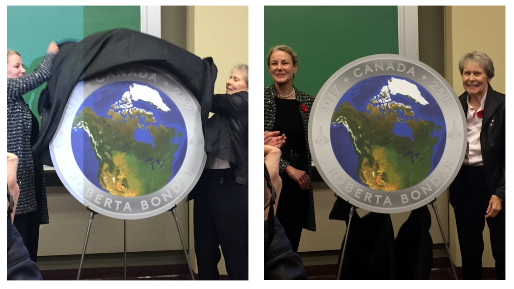 Two images of Roberta Bondar receiving her Royal Canadian Mint coin