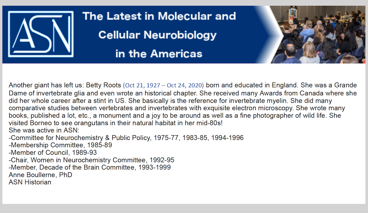 American Society for Neurochemistry memoriam for Dr. Betty Roots