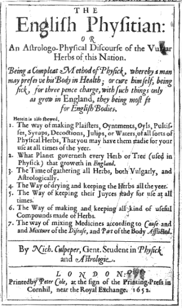 Cover page of The English Physician Nicholas Culpeper ‘s complete holistic guide to caring for the sick.
