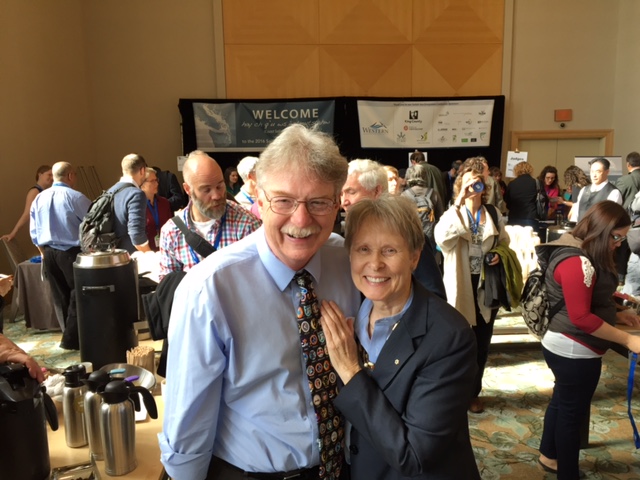 Professor Wayne Landis, Director of Institute of Environmental Toxicology, Huxley College of the Environment, Western Washington University [Exec Committee Chair] with conference Keynote speaker, Dr Roberta Bondar, who is mighty impressed with his tie that sports all the space flight patches