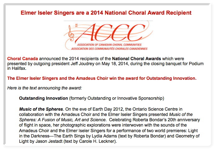 Award for Elmer Iseler Singers