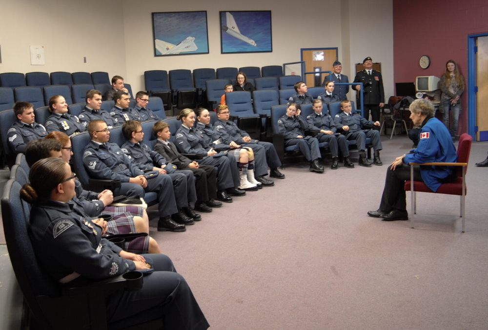 Dr Bondar speaks with members of 155 Air Cadet Sqn.