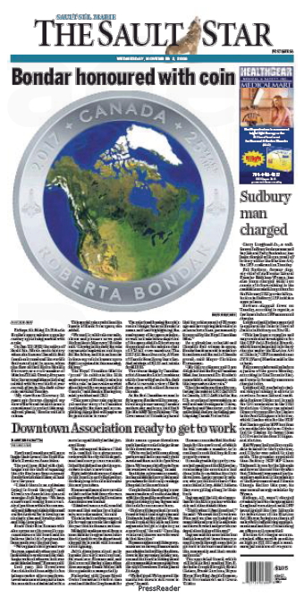 Screenshot of Sault Star front page with article about Bondar Coin