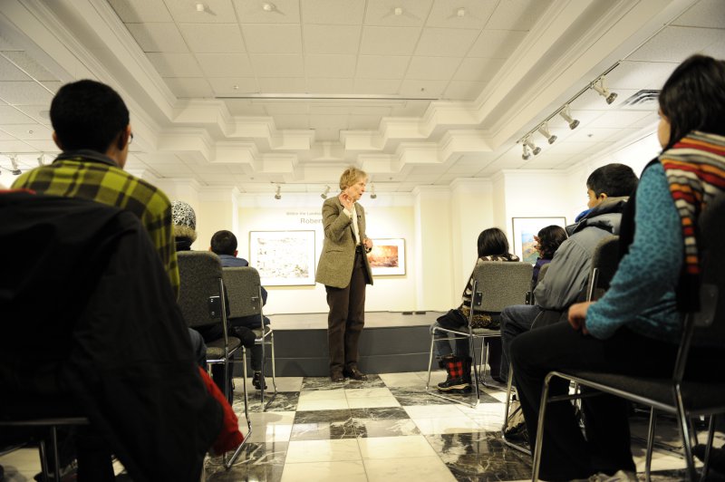 Dr Roberta Bondar addresses students at the Biodiversity and Extinction exhibition before their field work experience