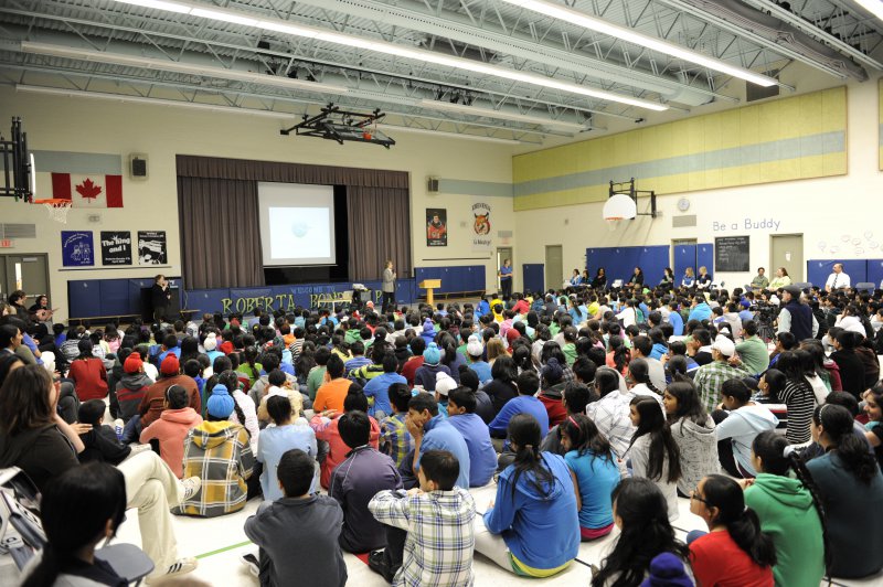 Dr Roberta Bondar addresses student assembly, Brampton, Ontario