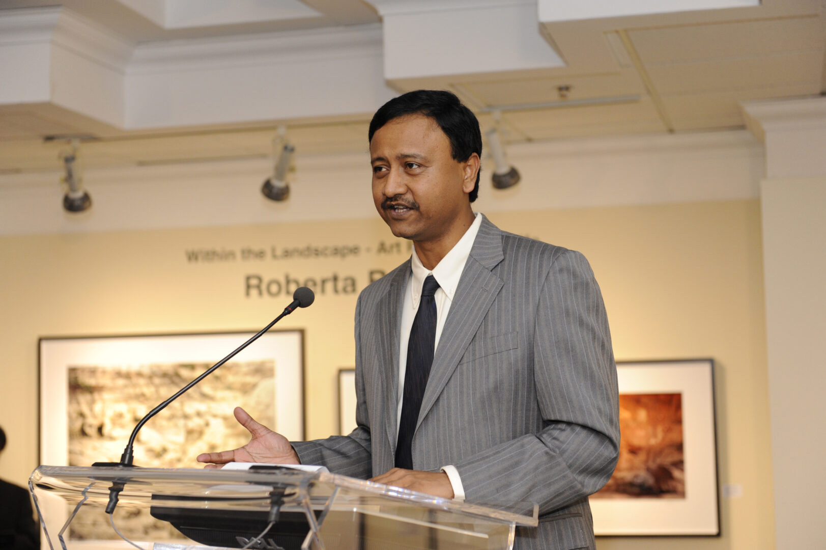 Kalyan Ghosh, Chief Commercial Officer, Essar Steel Algoma Inc. addresses gallery patrons at The Roberta Bondar Foundation's first Traveling Exhibition and Learning Experience