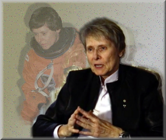 Image of Roberta Bondar in front of image of her younger self