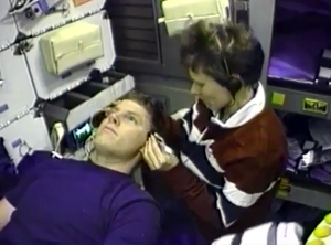 Dr Bondar pictured here with IML-1 pilot Steve Oswald trans-cranial Doppler investigation