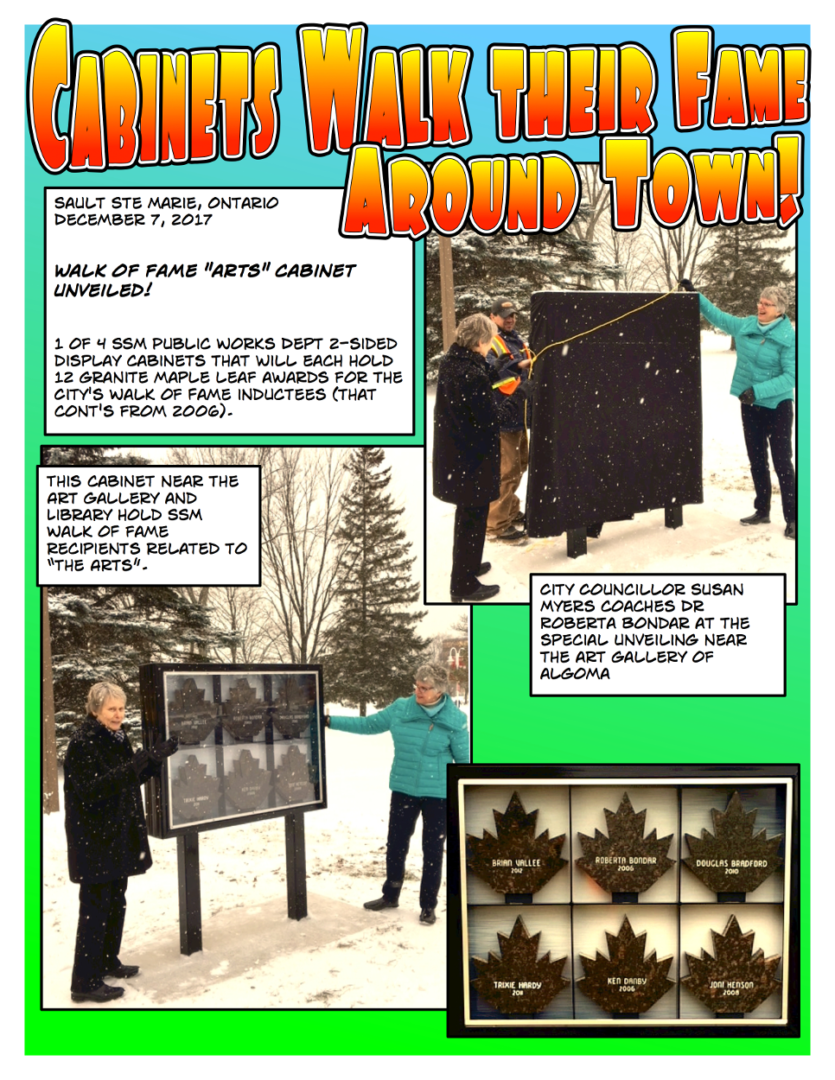 Comic image with people outside and titled "Cabinets walk their fame around town!"