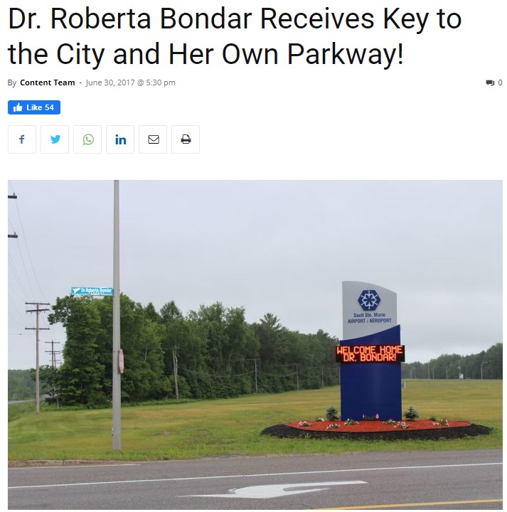 Screenshot of article "Dr. Roberta Bondar Receives Key to the City and Her Own Parkway!"