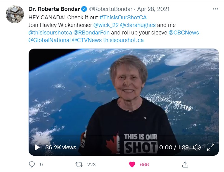 Screenshot of Roberta Bondar tweet about vaccines