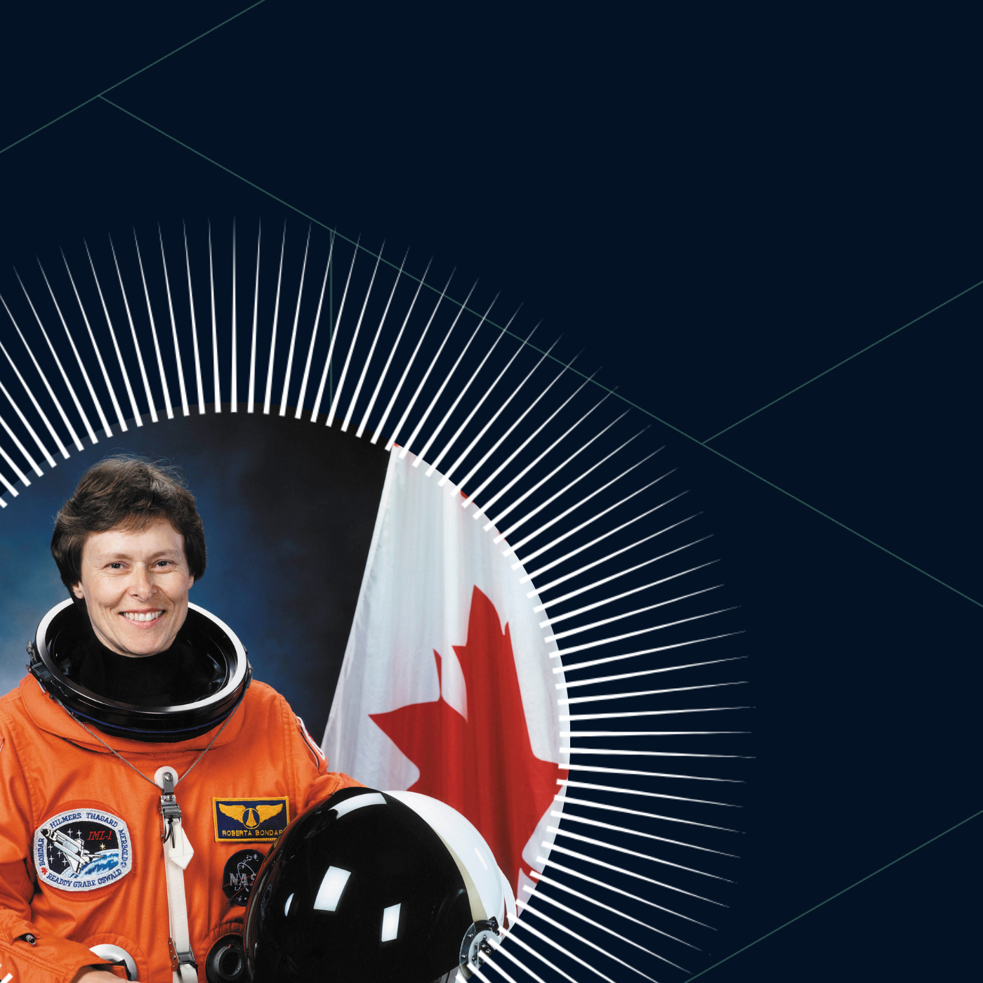Dr. Bondar in her flight suit surrounded by decorative rays