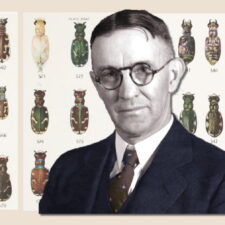 man in front of illustrations of beetles