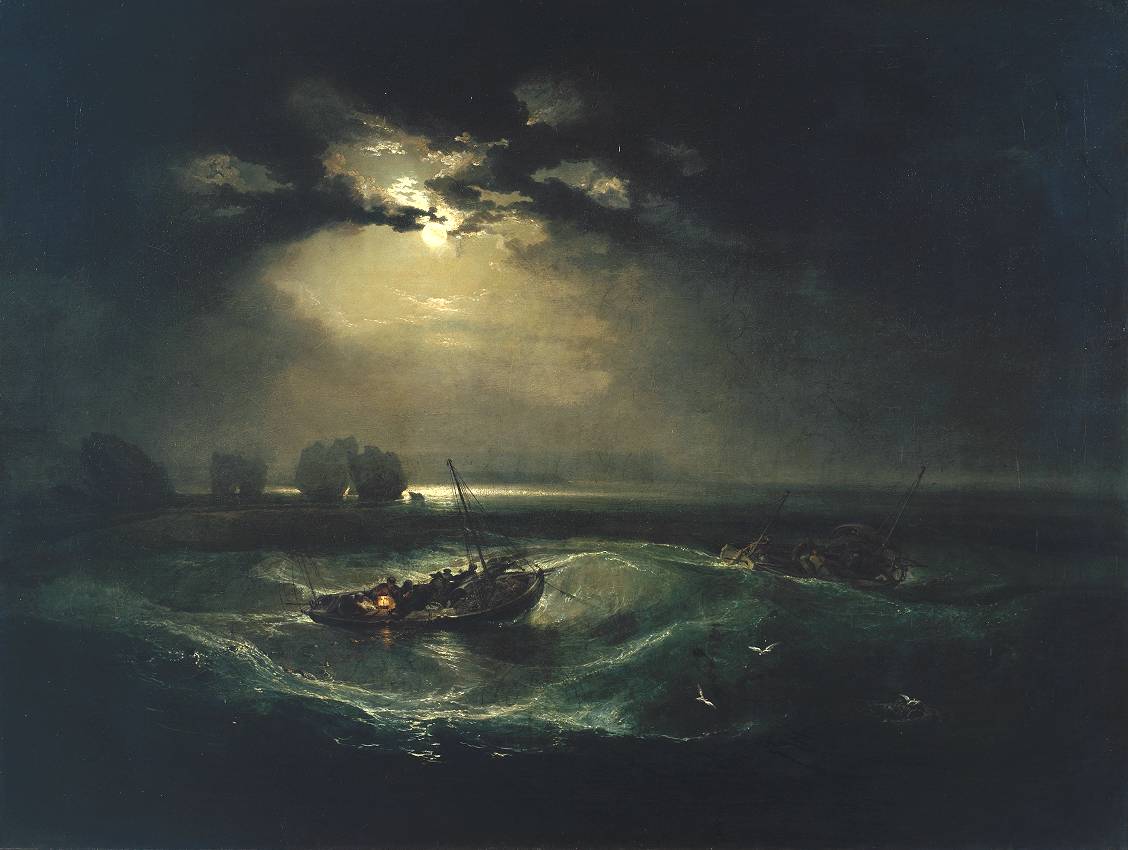 a small boat with a flickering lamp on a wide sea in moonlight beneath a dark clouded sky